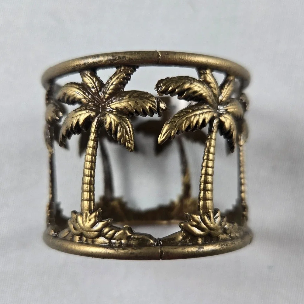 Palm Tree Brass Gold Tone Metal Napkin Rings Tropical Coastal Set of 8